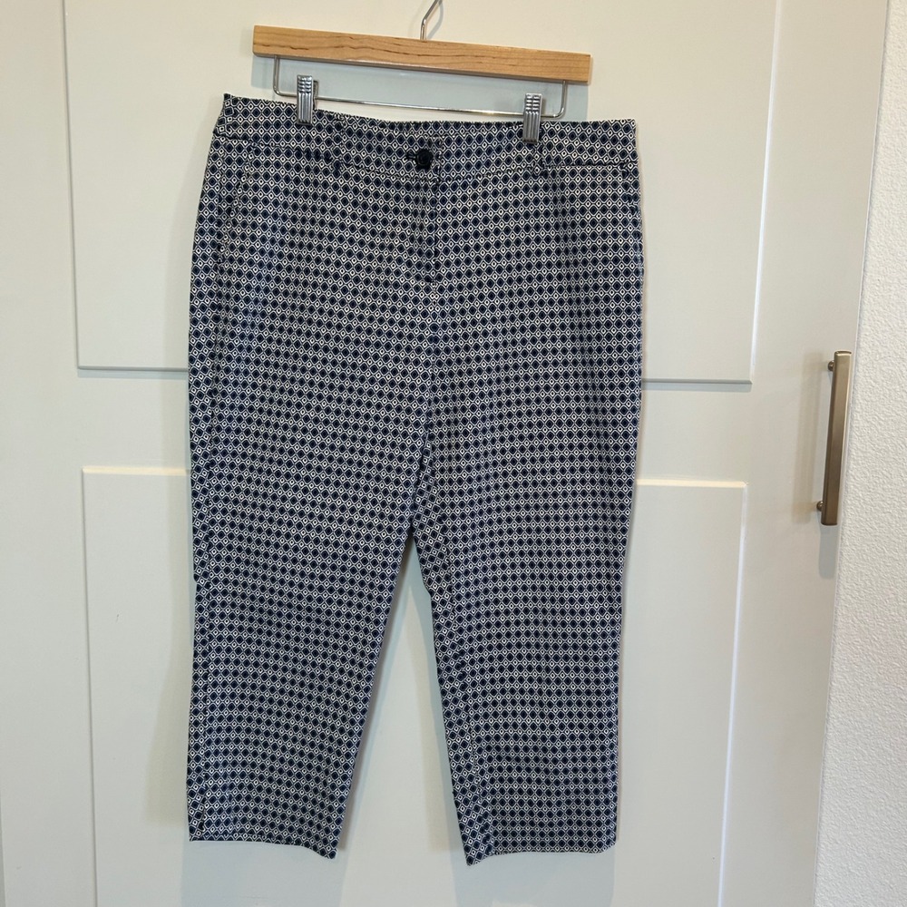 Hilary Radley Womens 12 Navy Blue Geometric Diamond Print‎ Cropped Ankle Pants